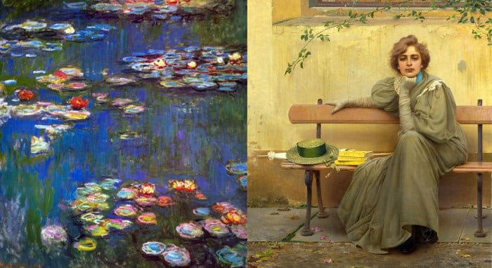 Картины на выставке: «Кувшинки» слева, "Мечты" справа